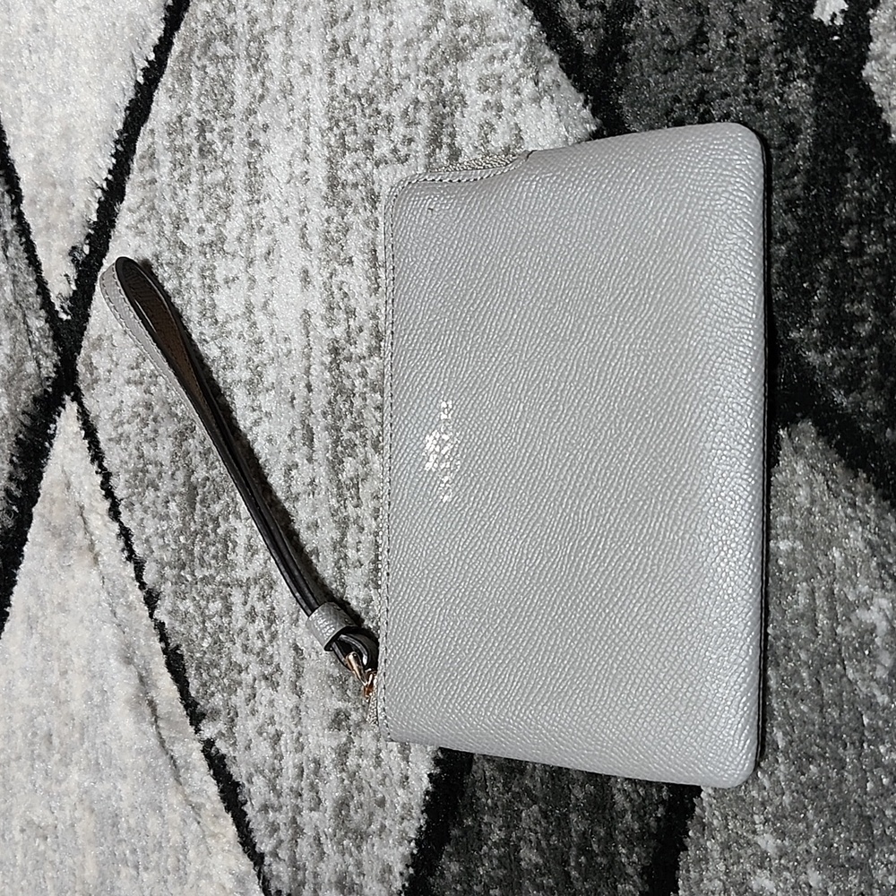 COACH CORNER ZIP GRAY CROSSGRAIN LEATHER WALLET WRISTLET PRICE FIRM